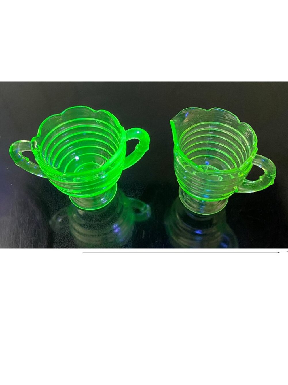 VINTAGE URANIUM GLASS GREEN BEEHIVE PATTERN CREAMER /SUGAR SET